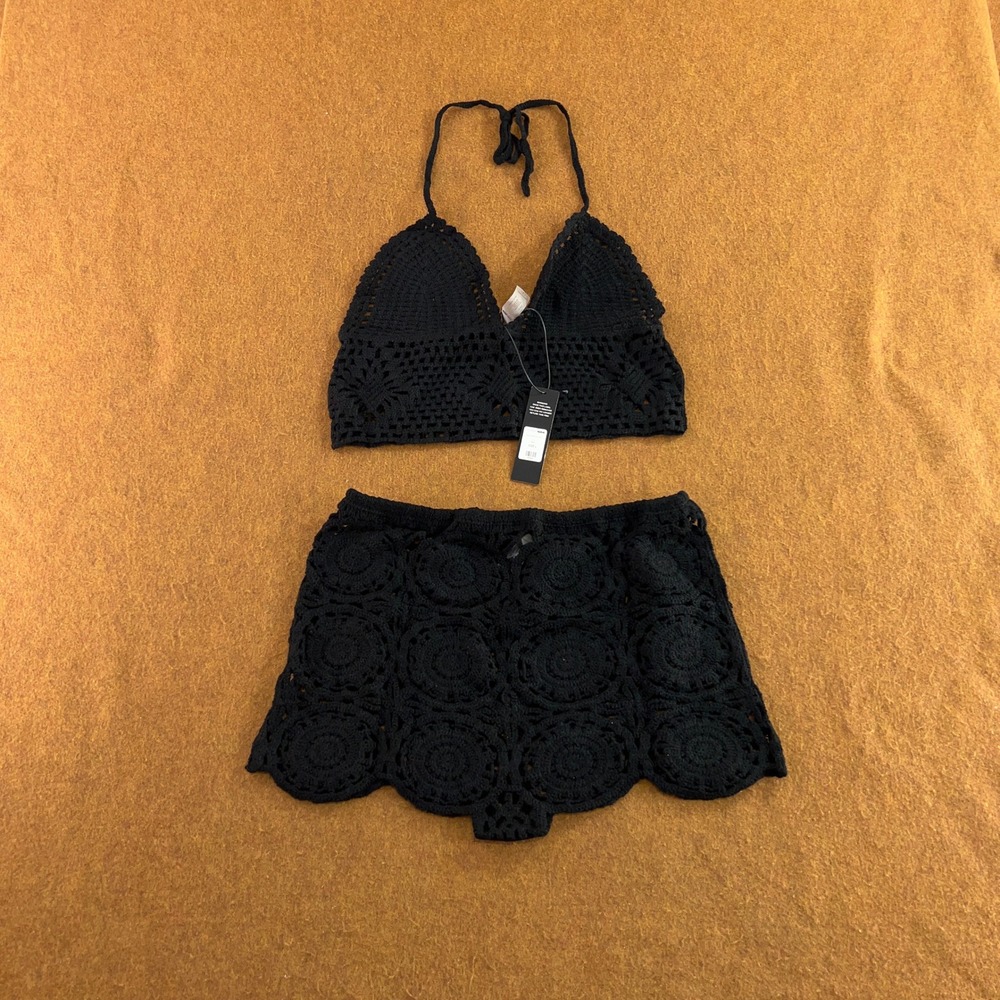 Fashion Nova Womens Large Black Desi Crochet Two Piece Shorts Set NWT